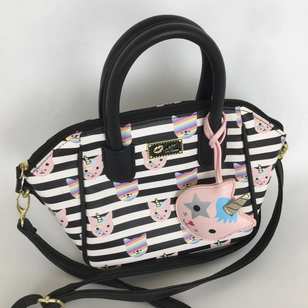 Luv Betsey Betsey Johnson Unicorn Cat Satchel Purse Bag Black White Stripe Small